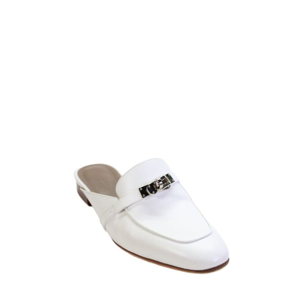 Hermes Womens Leather Buckle Strap Flat Mules White Size 10